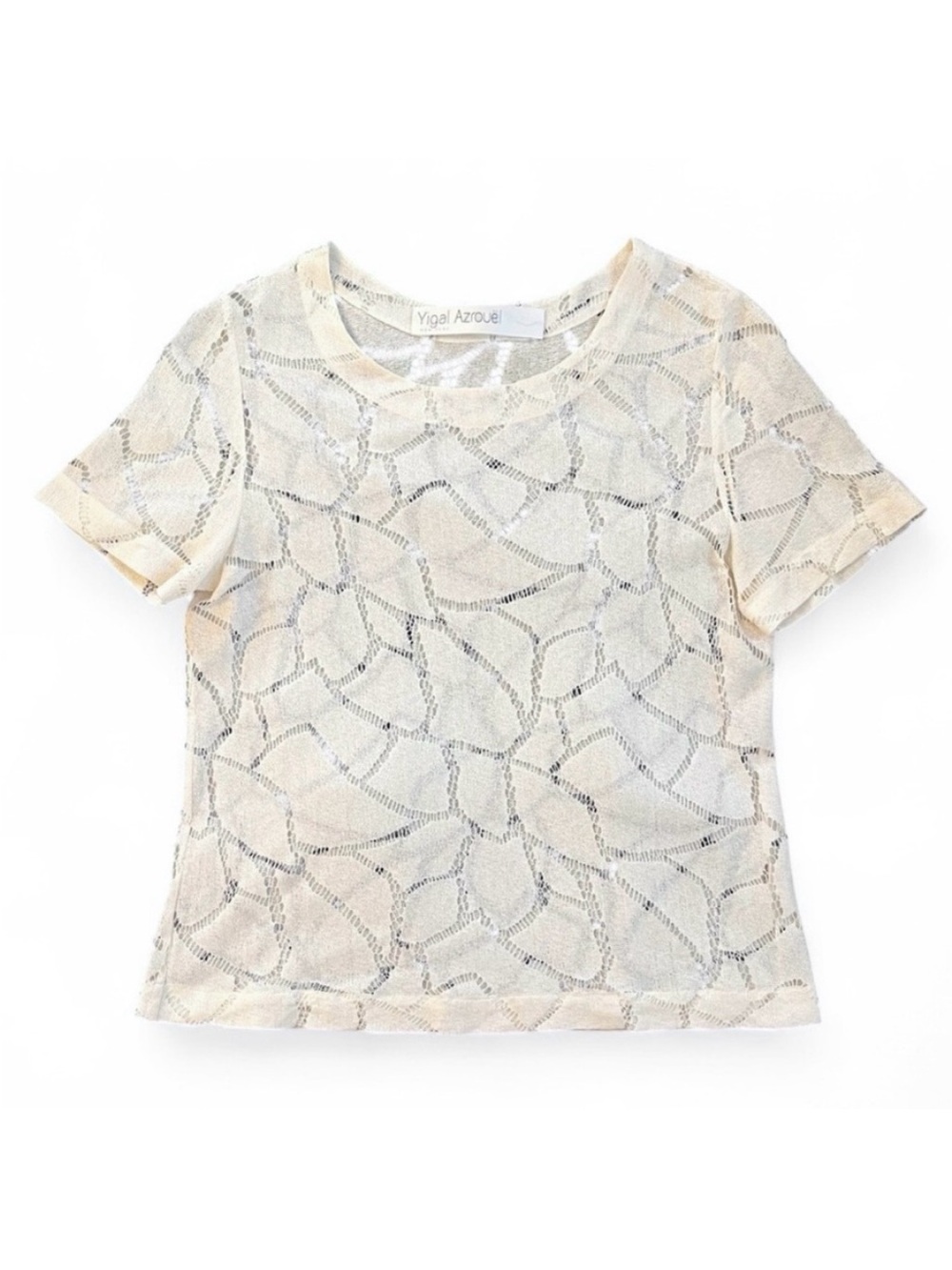 Yigal Azrouel Cream Sheer Cutout Open Weave Short Sleeve Top T Shirt Tee medium
